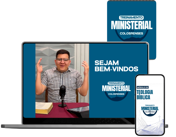 Mockups do treinamento ministerial em notebook, tablet e celular